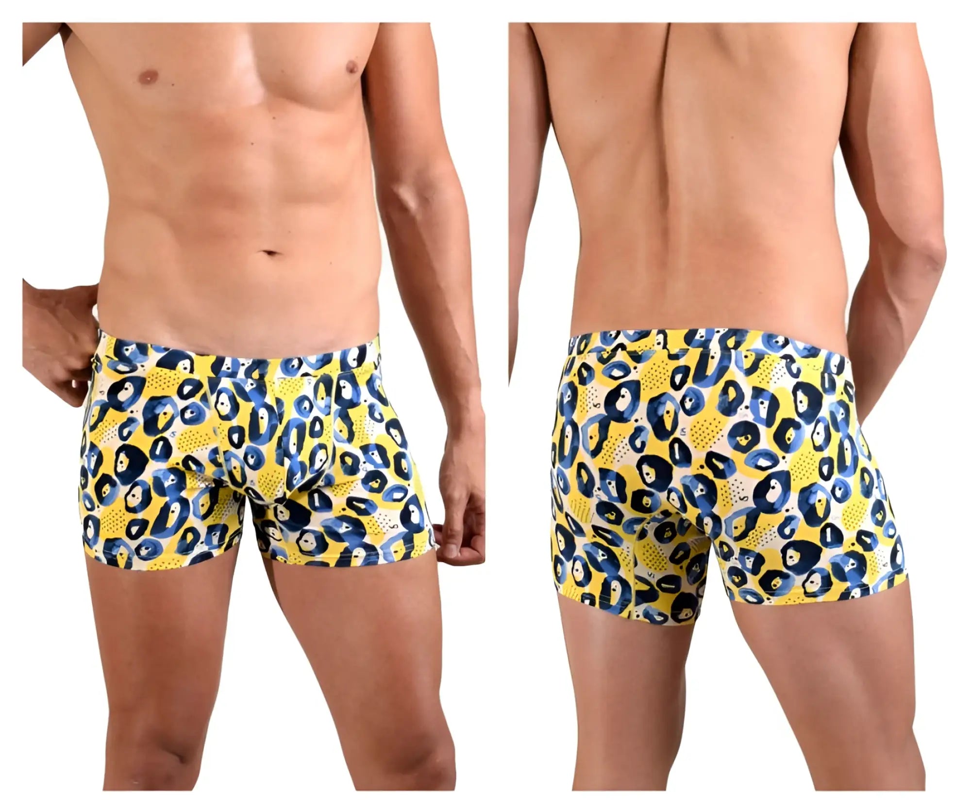 Doreanse 1799-prn leopard art boxer briefs in yellow and blue leopard print with soft stretch fabric