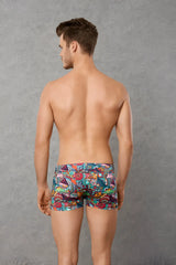 Doreanse patchwork boxer brief underwear size M in vibrant teal red purple and orange tropical geometric pattern
