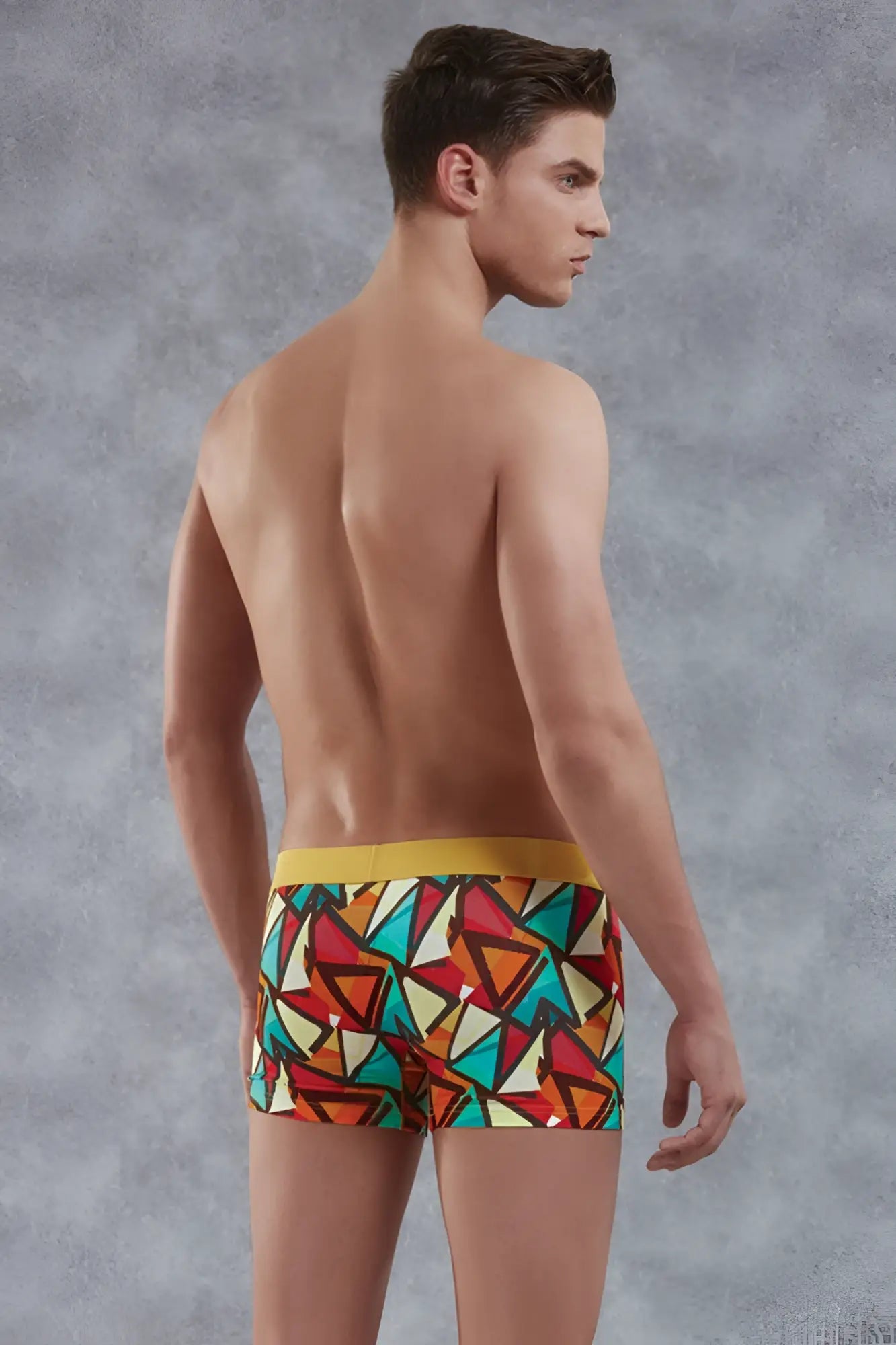 Doreanse Prisma boxer brief underwear size M with vibrant geometric pattern and bold yellow waistband front view