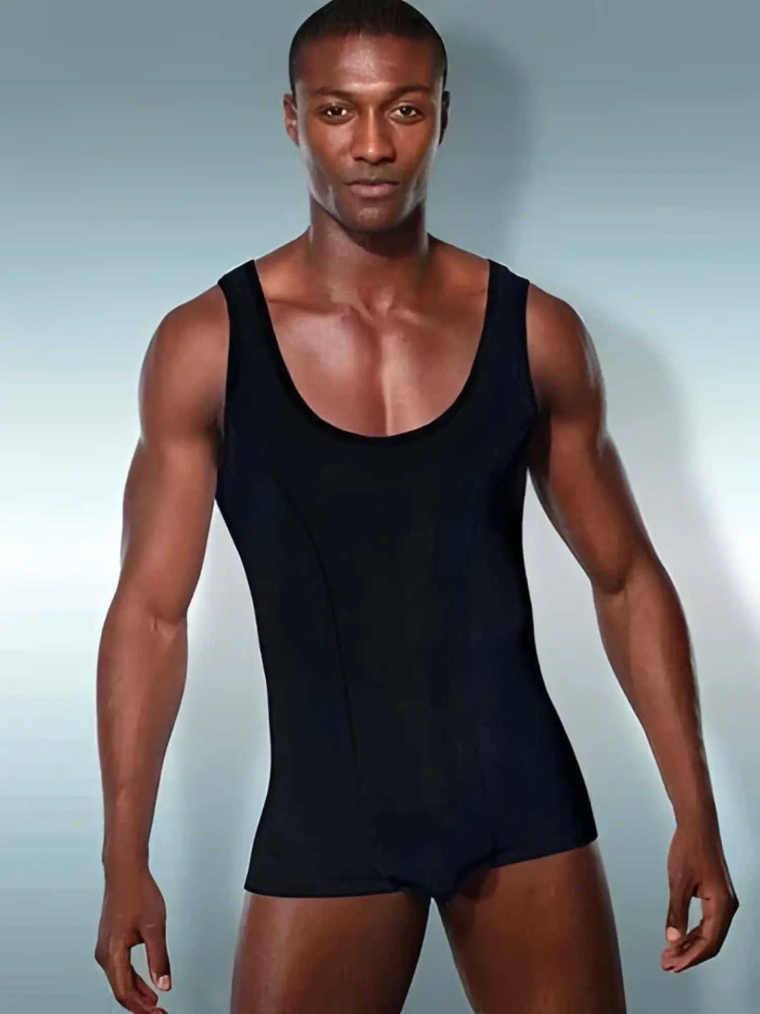 Black sleeveless athletic tank bodysuit with wide scoop neckline and fitted design by doreanse size s