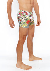 Dots abstract printed swim short featuring vibrant floral and polka dot patterns in bold colorful design