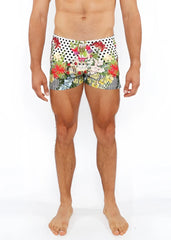 Dots abstract printed swim shorts featuring vibrant floral and polka-dot patterns in white red green and black