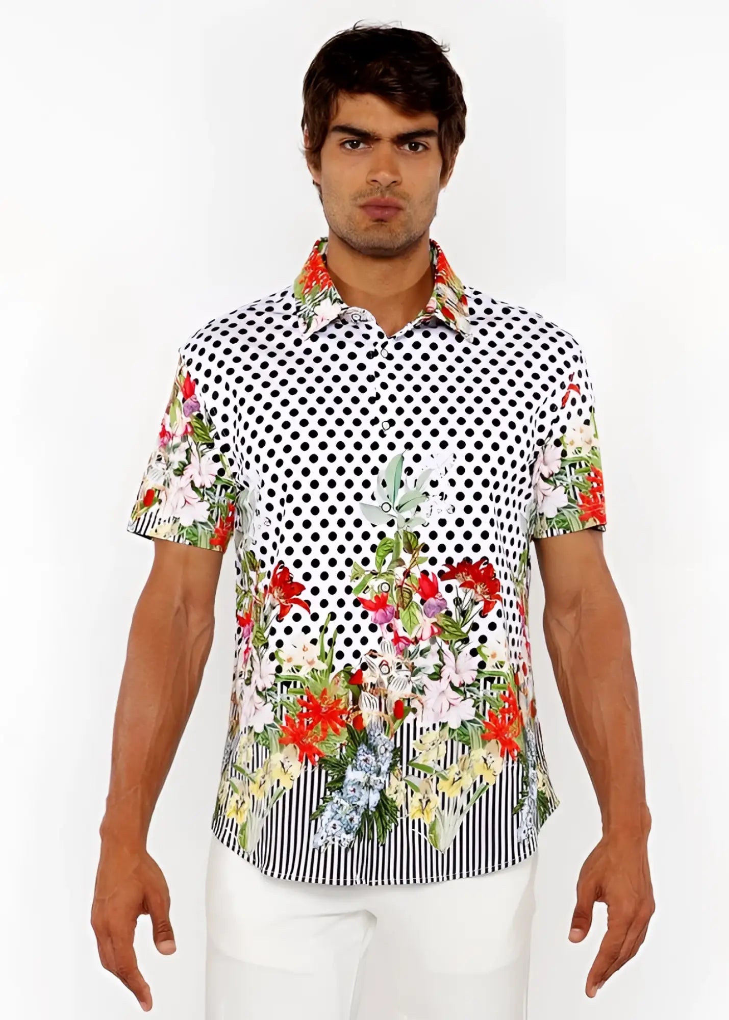 Dots abstract s/s woven modal border shirt with white base, black polka dots, red pink flowers, and striped hem detailing