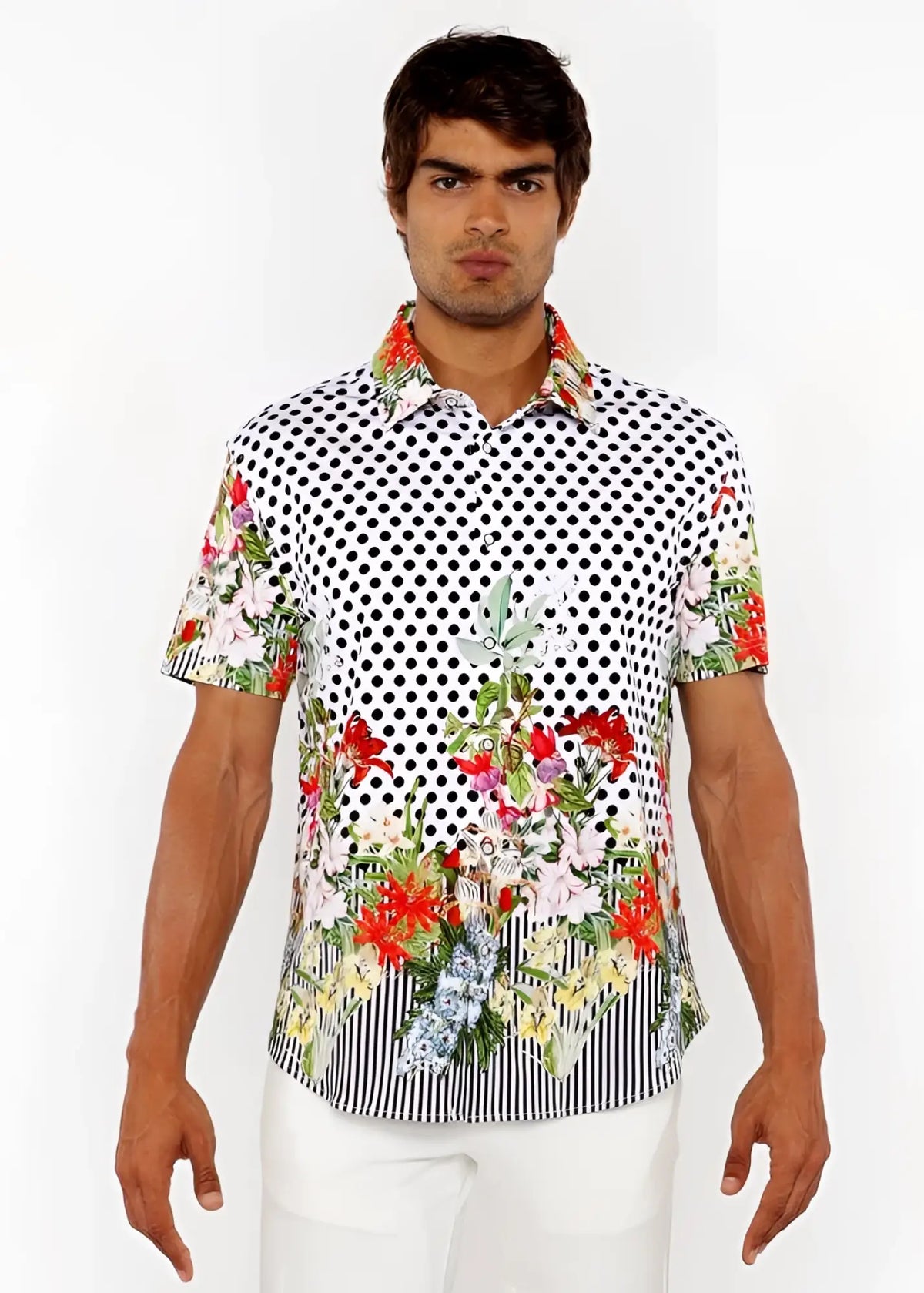 Dots abstract s/s woven modal border shirt with white base, black polka dots, red pink flowers, and striped hem detailing