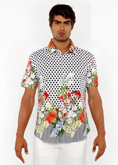 Dots abstract s/s woven modal border shirt with white base, black polka dots, red pink flowers, and striped hem detailing
