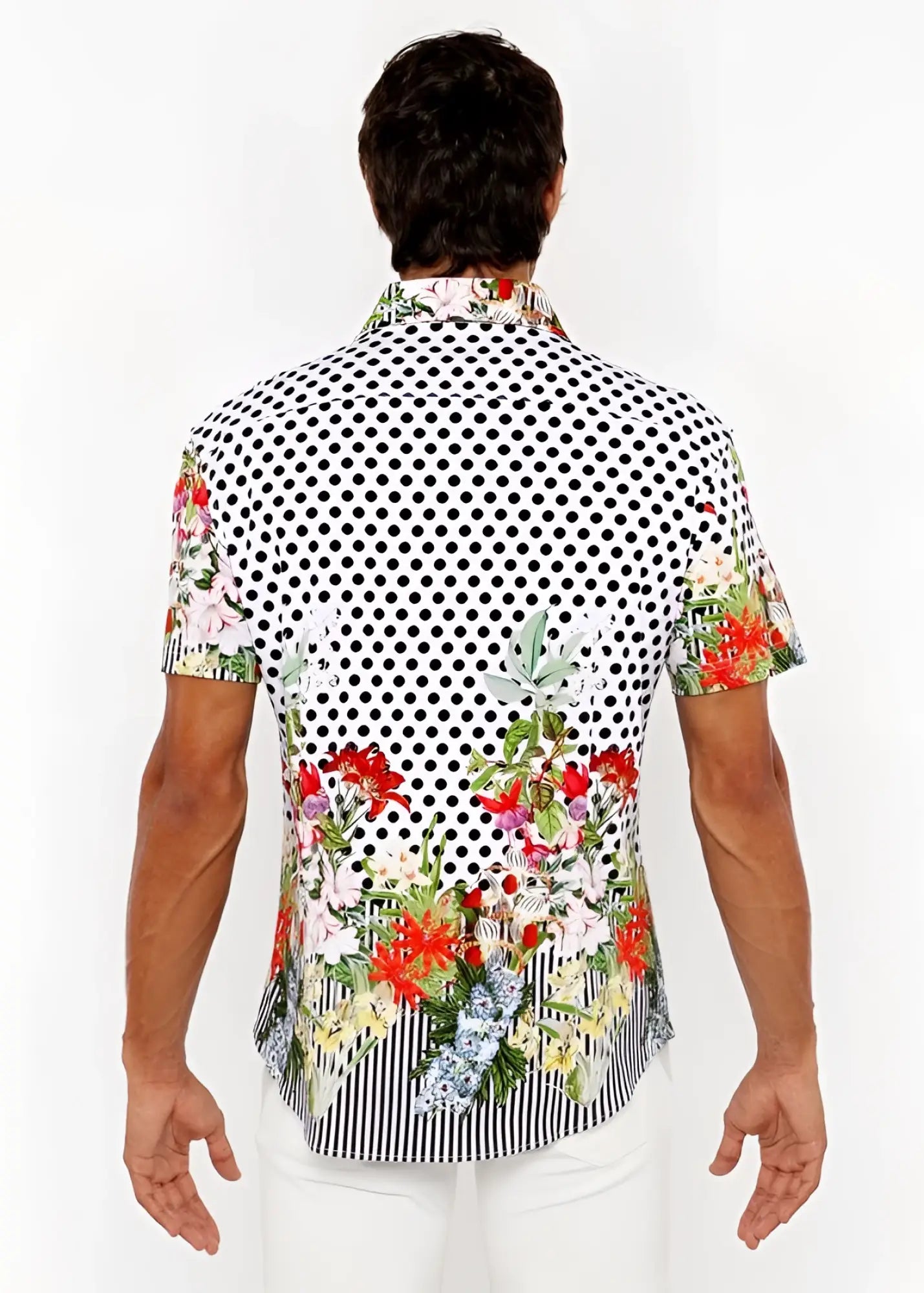 A vibrant short-sleeved dots abstract s s woven modal border shirt with black white polka dots and colorful floral prints