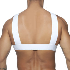 White minimalist sports bra double ring harness with wide shoulder straps and supportive band for activewear