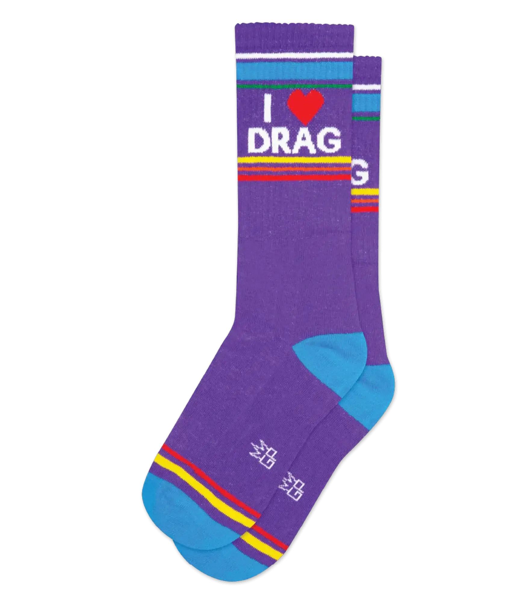 Purple i heart drag crew socks with colorful blue red yellow stripes and bright turquoise toe caps