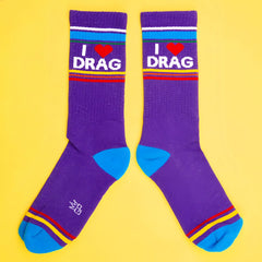 Purple i love drag crew socks with white lettering red heart blue toe caps and colorful striped bands