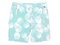 Dreamland short swim trunks in teal and white with seashell pattern and vertical stripes perfect for beachwear