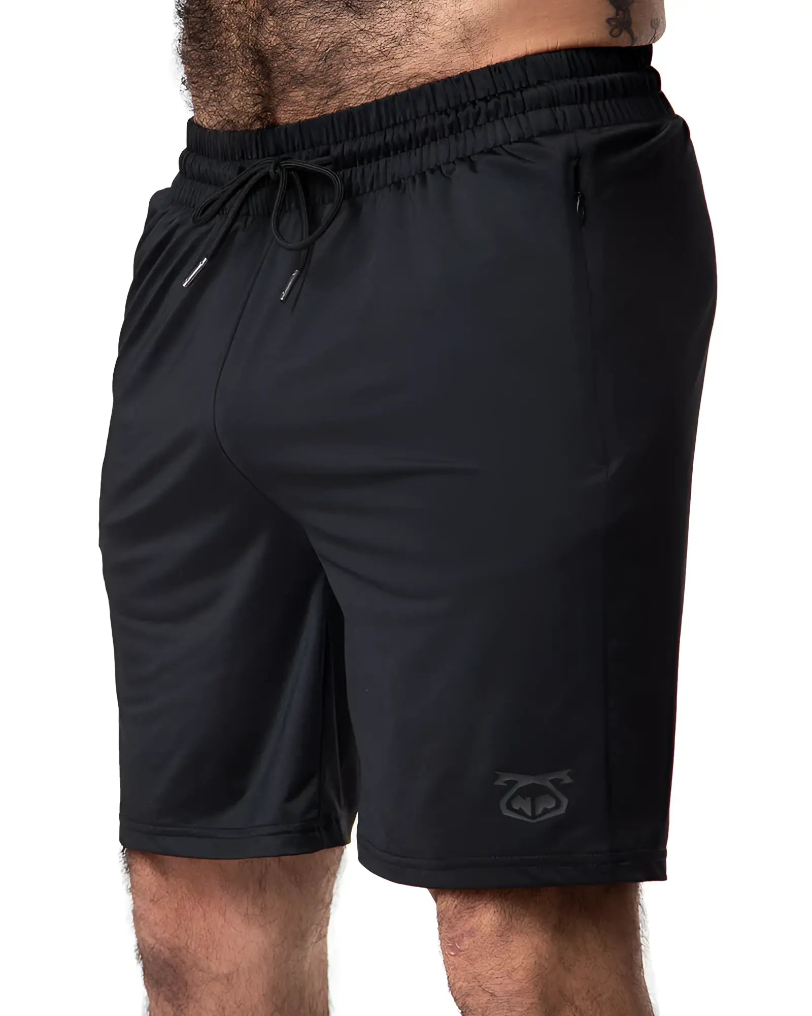 Black drill short athletic shorts with elastic waistband, drawstring, and subtle logo on lower right leg