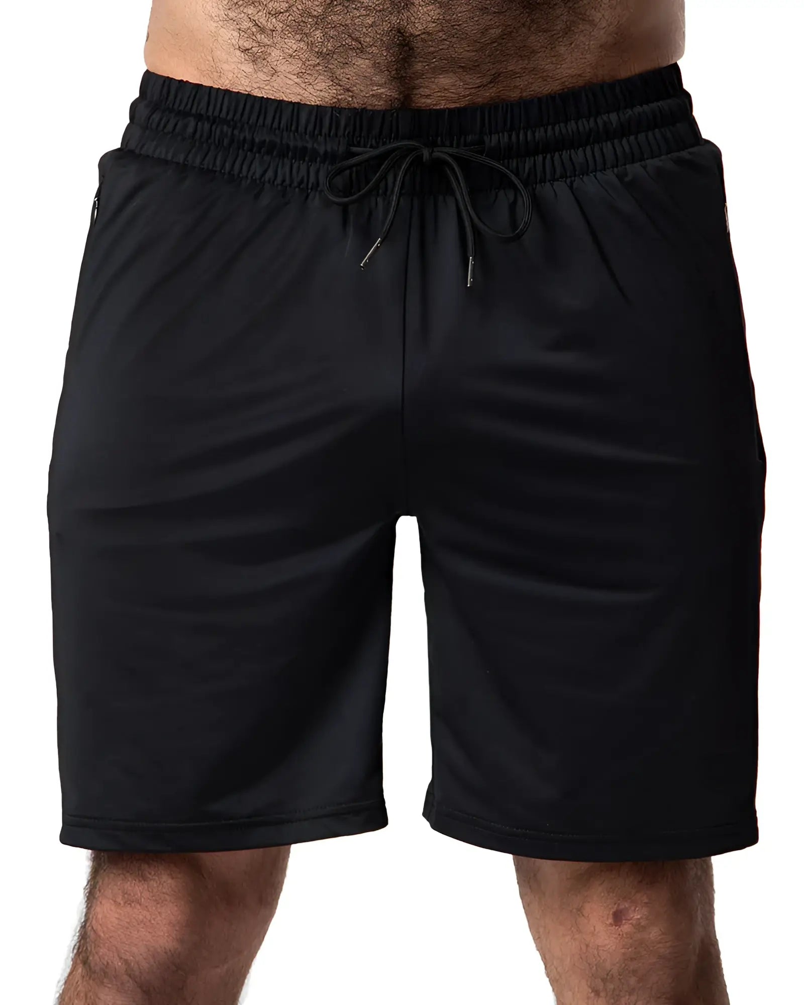 Black drill short athletic shorts with elastic waistband and matching drawstring for comfortable active wear