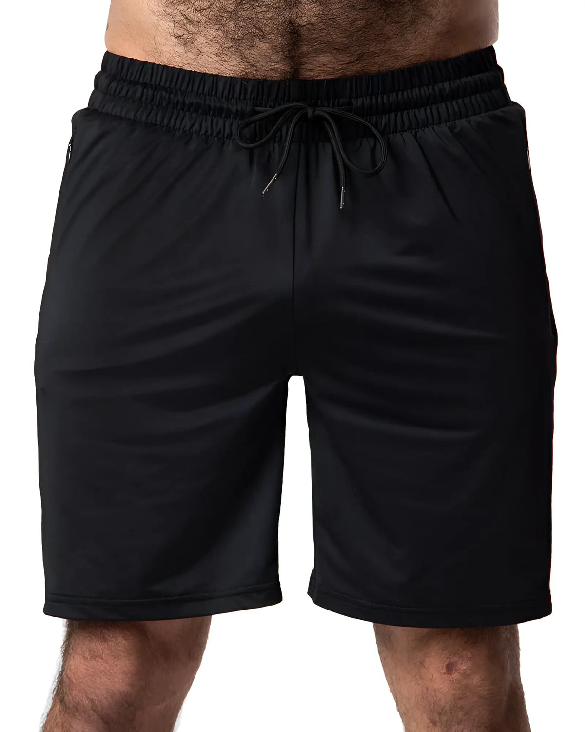Black drill short athletic shorts with elastic waistband and matching drawstring for comfortable active wear