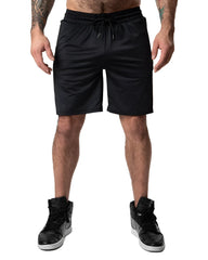 Black drill short athletic shorts with elastic waistband and drawstring for comfortable active wear