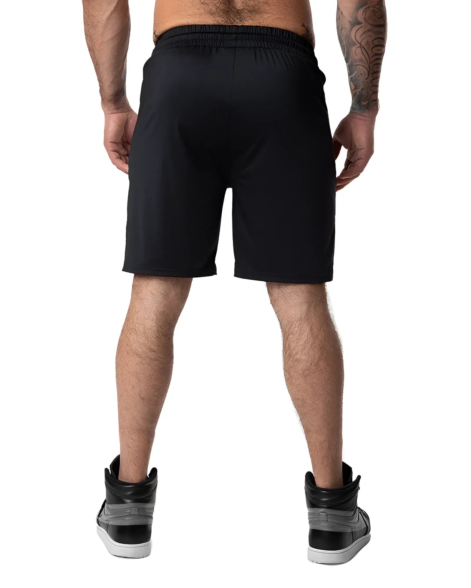 Black drill short with elastic waistband and sleek form-fitting design for athletic use