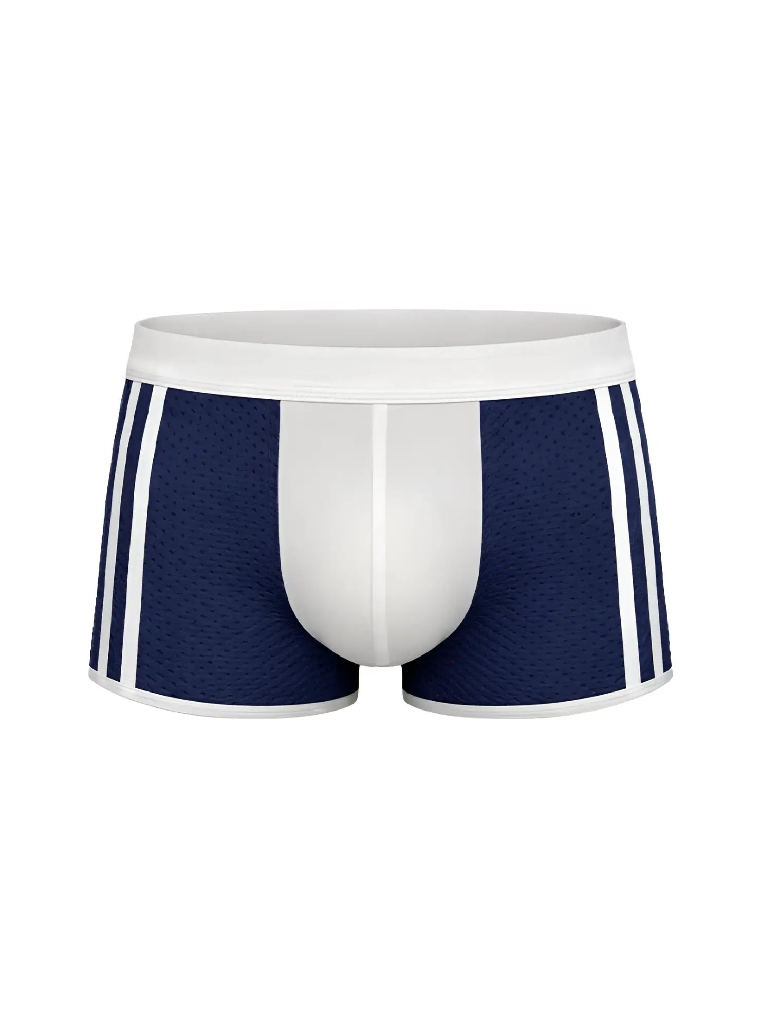 Navy blue mesh dual tone trunk boxer briefs with white waistband and side stripes for comfortable wear