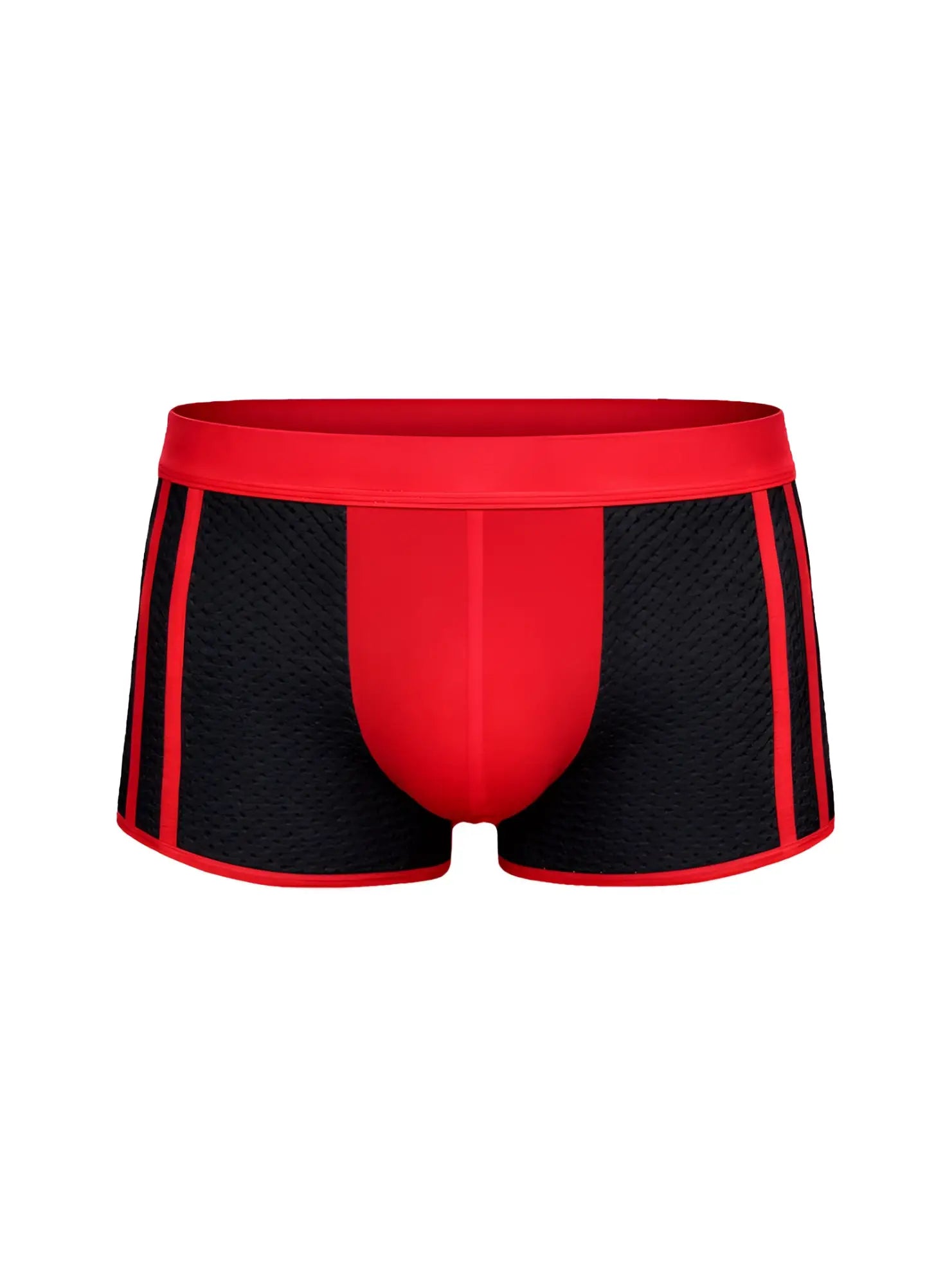 Dual tone trunk red and black mesh boxer briefs with bold red waistband providing breathable comfort
