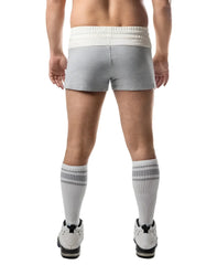 Gray dual trunk short athletic shorts with a white elastic waistband designed for active wear