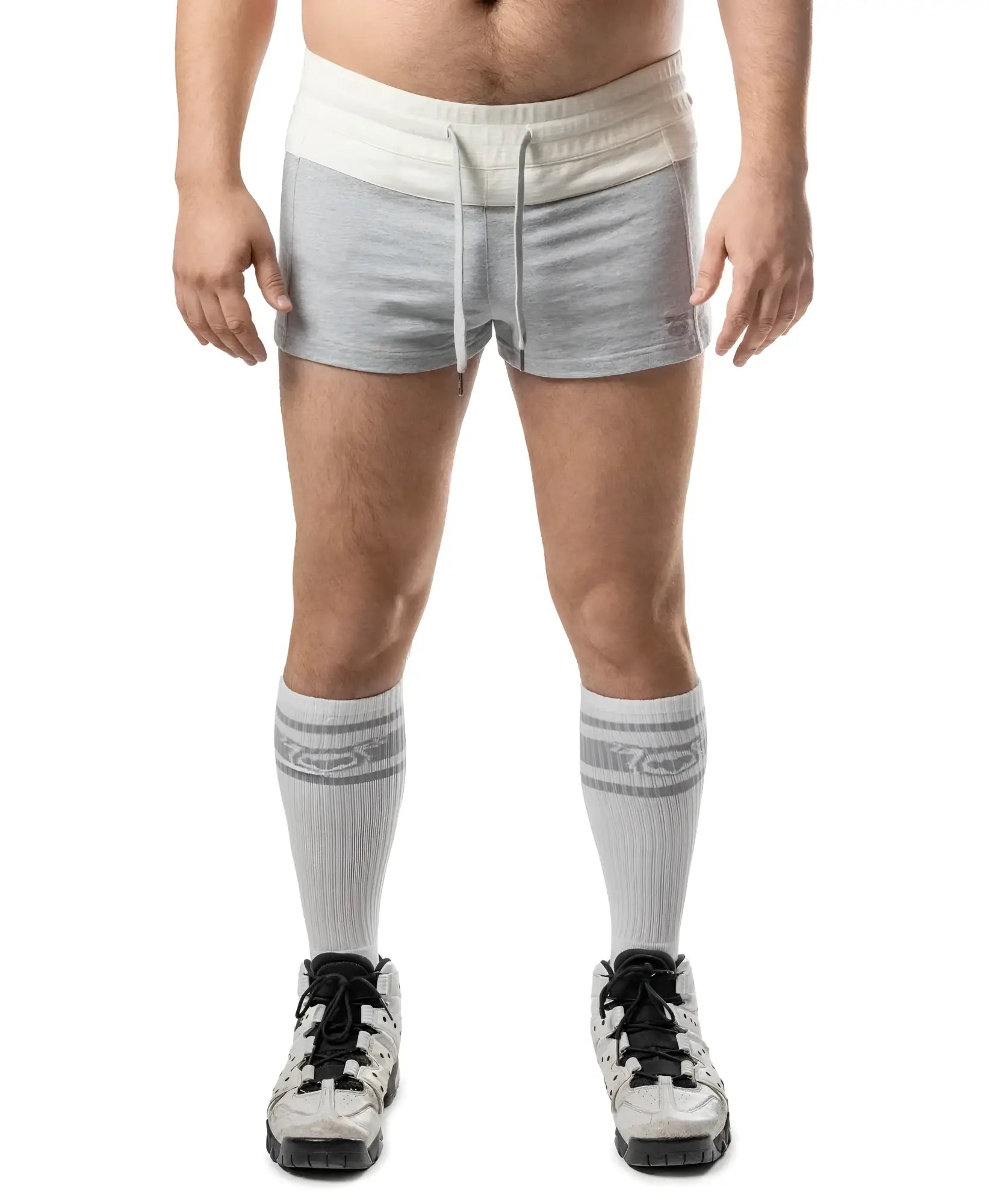 Dual trunk short gray and cream athletic shorts with drawstring waistband for comfortable activewear