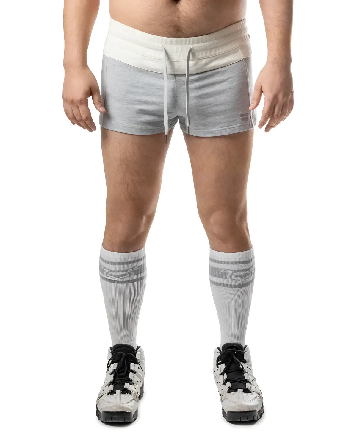 Dual trunk short gray and cream athletic shorts with drawstring waistband for comfortable activewear