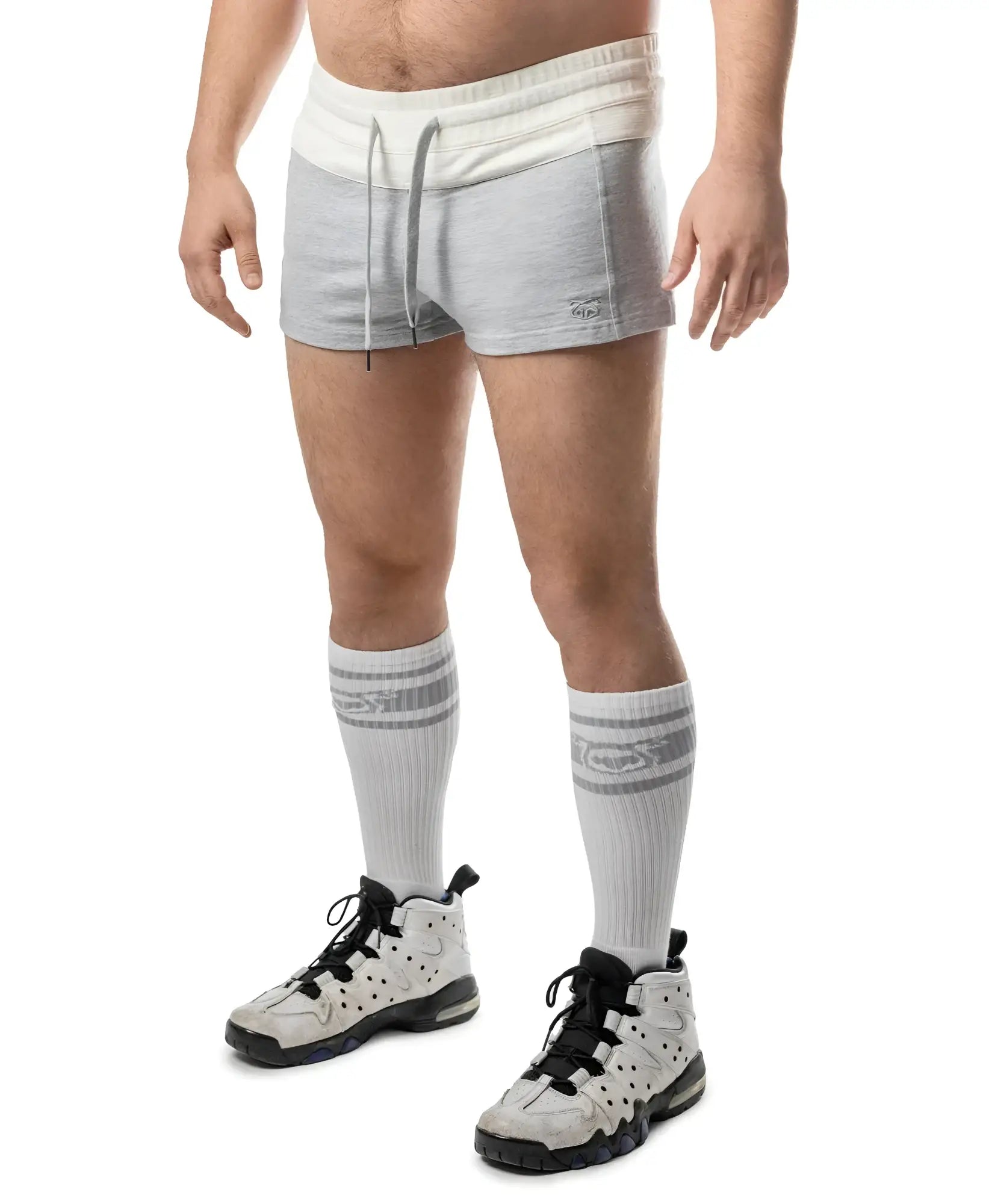 Gray and white dual trunk short athletic shorts with drawstring waistband made for active wear