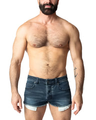Dark blue denim duke shorts with frayed hem and light-colored inner lining for casual wear