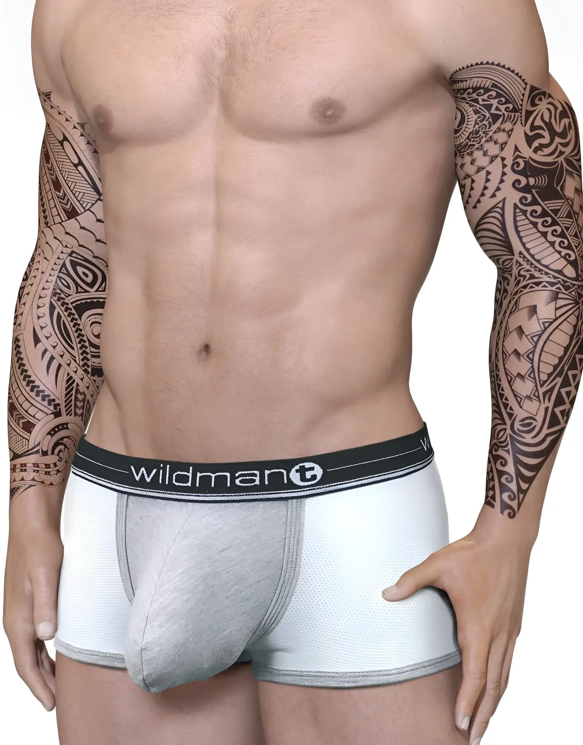 Duo big boy pouch boxer brief in gray textured fabric with black elastic waistband featuring wildman branding
