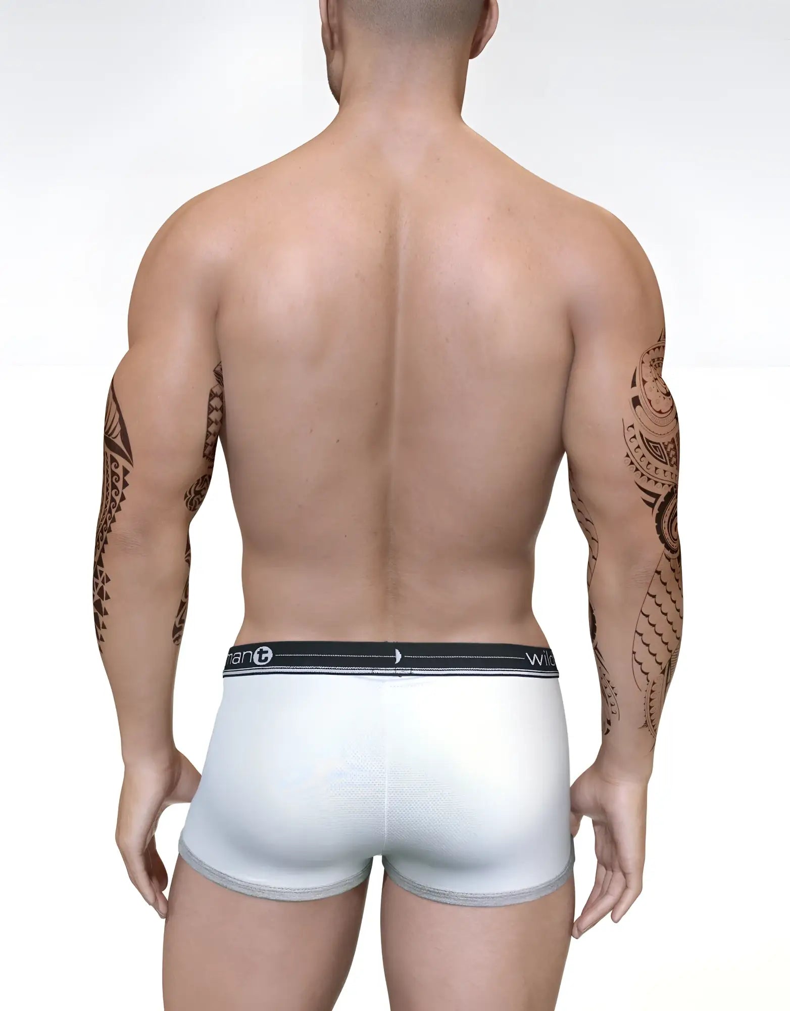 White duo big boy pouch boxer brief with black elastic waistband featuring wicked brand logo in front view