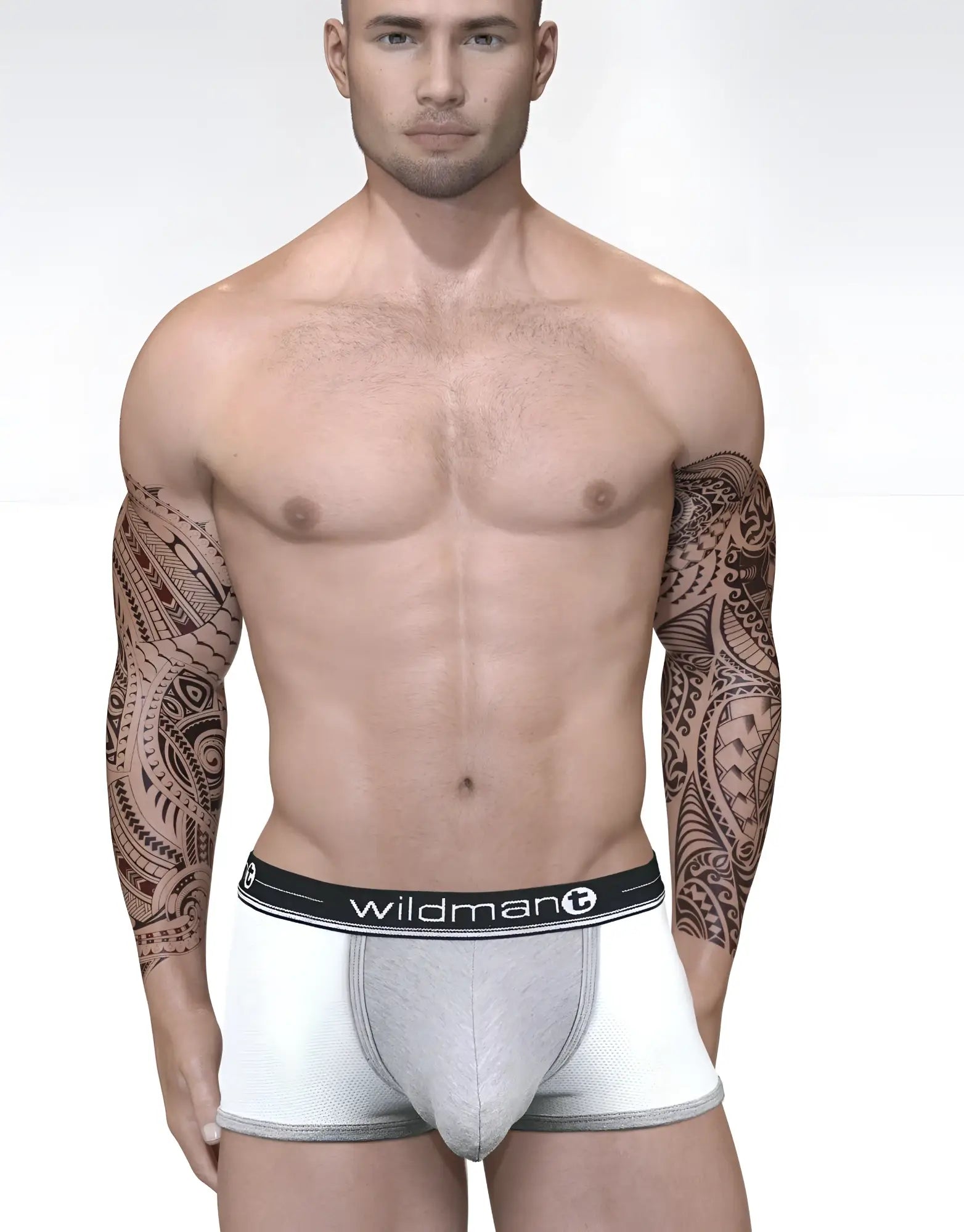 Duo Big Boy Pouch boxer brief in white and gray with black elastic waistband featuring wildman logo