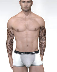 Duo Big Boy Pouch boxer brief in white and gray with black elastic waistband featuring wildman logo
