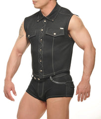 Black denim sleeveless vest with silver toned buttons and contrasting stitching from durango denim muscle vest collection