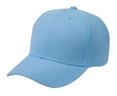 Light blue easy fit cap with structured six-panel design and stitched seams available in three colors