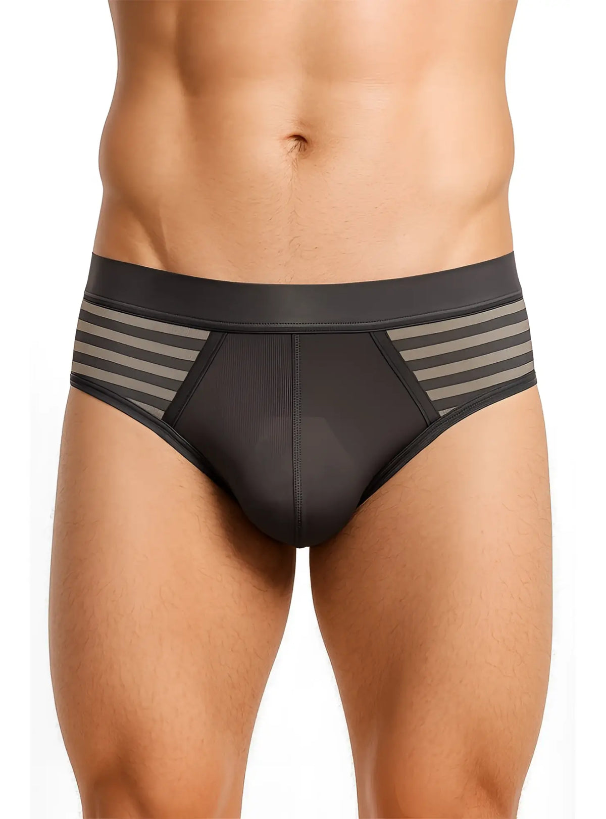 Easy stretch brief black briefs with gray striped mesh side panels for comfortable everyday wear