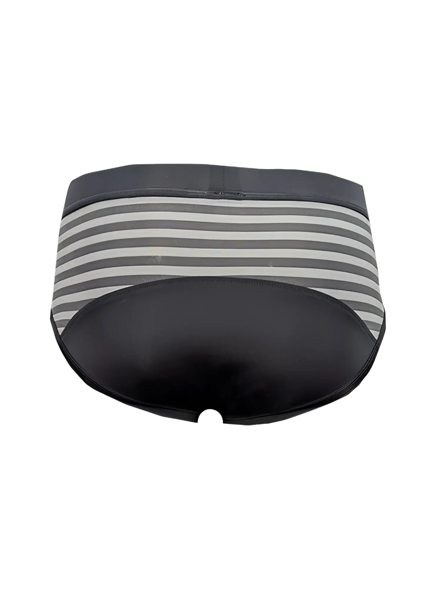 Easy stretch brief in gray and white stripes with a black leather-like front panel for comfortable wear