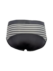 Easy stretch brief in gray and white stripes with a black leather-like front panel for comfortable wear