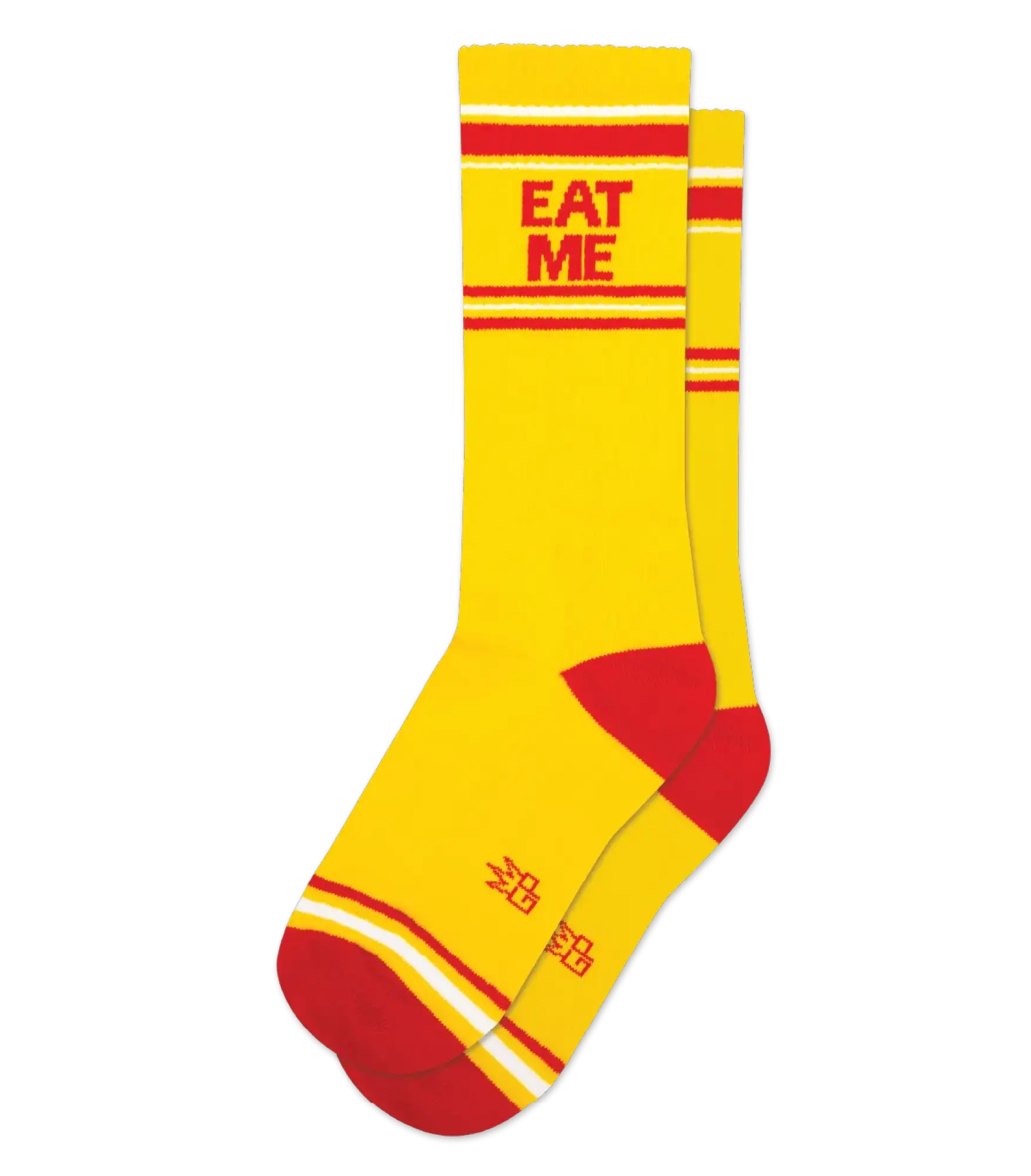Eat me crew socks in bright yellow with bold red stripes and red eat me text on the cuff with matching toe and heel