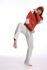 Red and gray zip-up hoodie with white sleeve panels paired with solid heather grey eco-track and yoga sweat pant