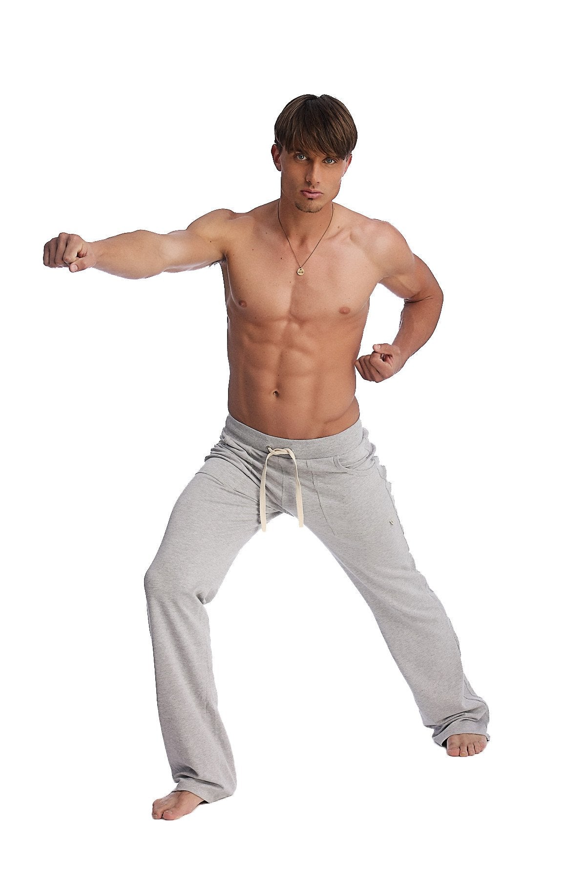 Gray eco-track and yoga sweatpant in solid heather grey with drawstring waistband and athletic fit