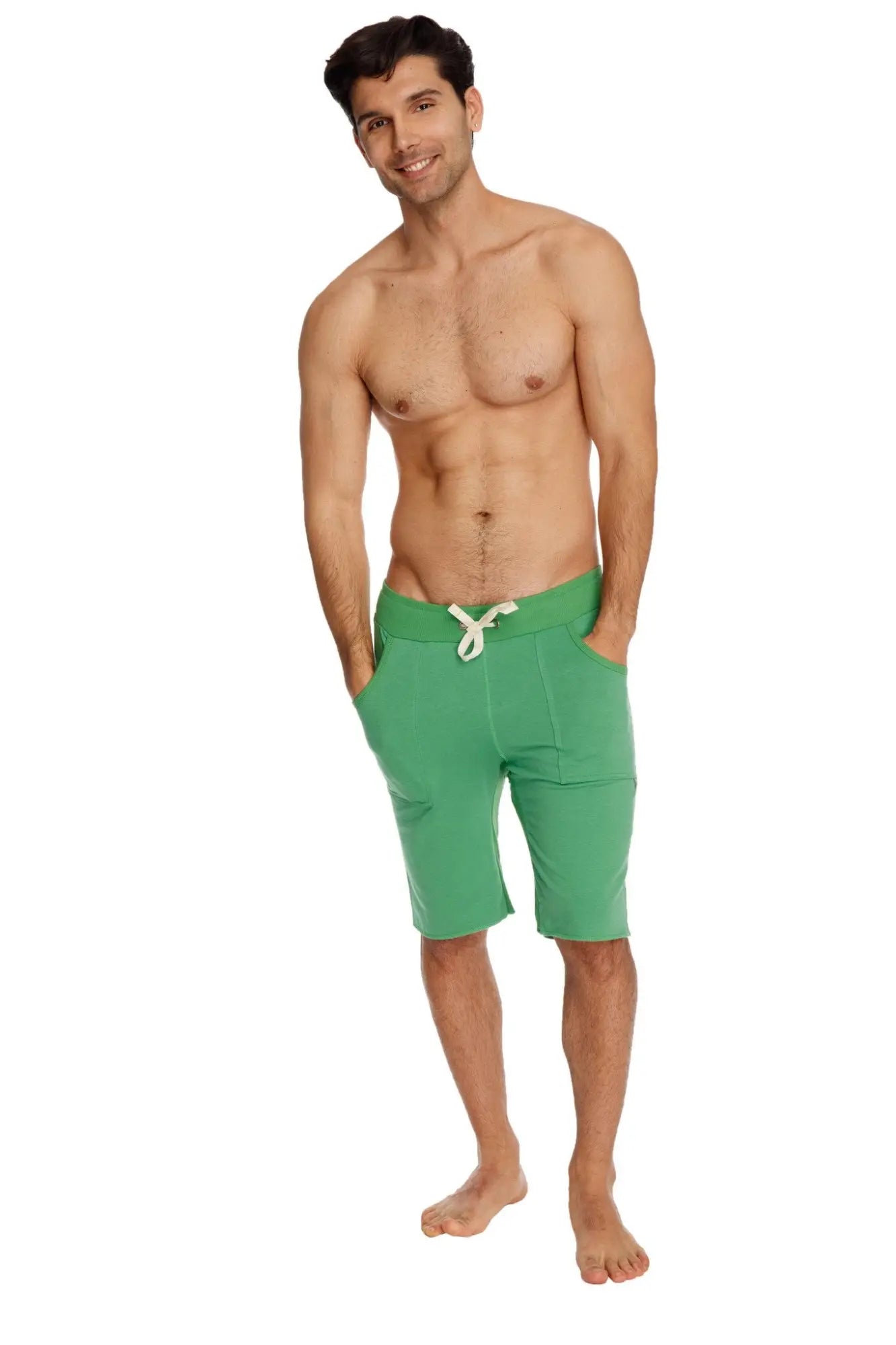 Eco-track short bamboo green athletic shorts in green with a white drawstring waistband for eco-friendly workouts
