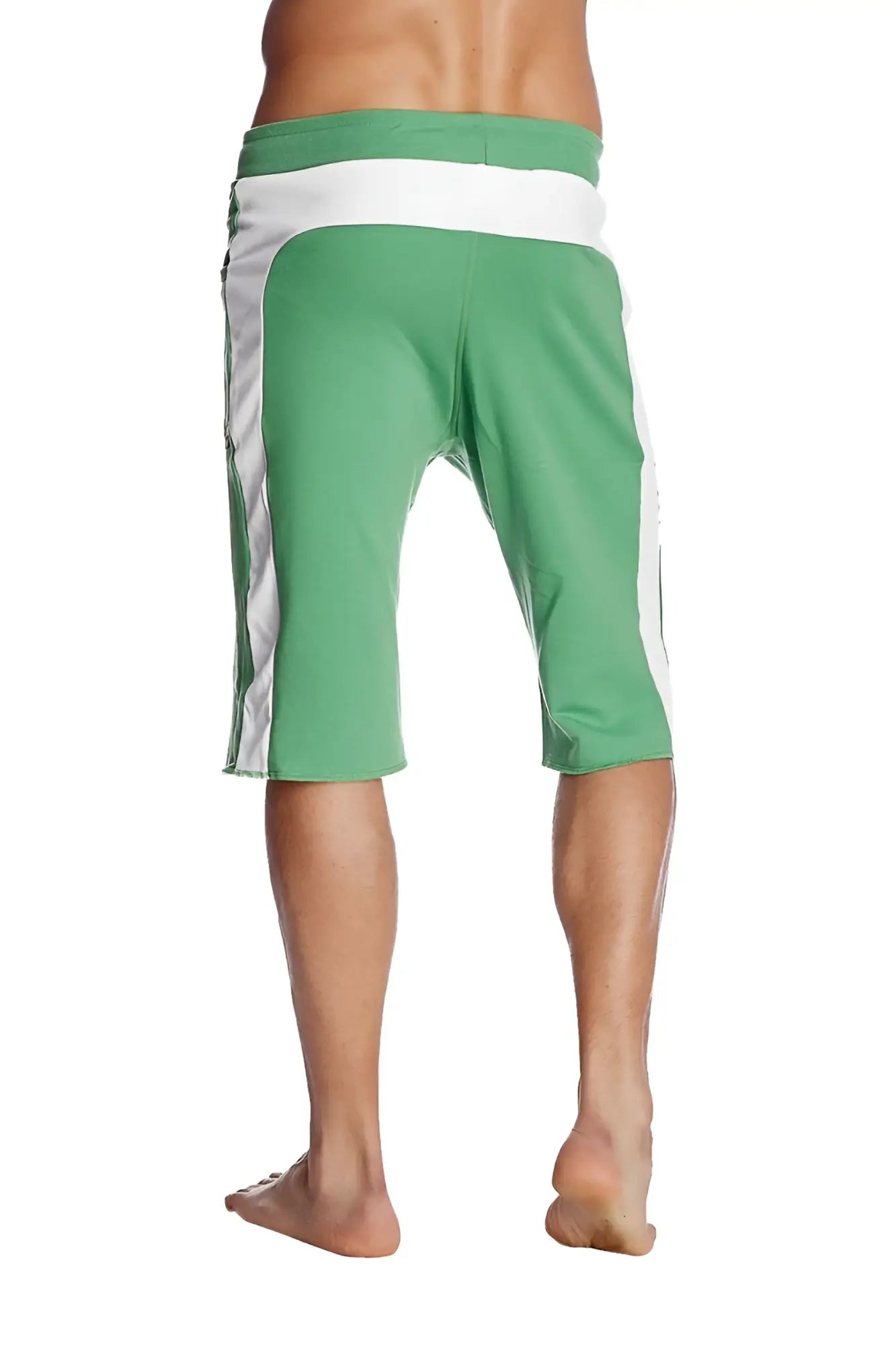Eco track short in bamboo green with white side stripes and a contrasting white waistband for athletic wear