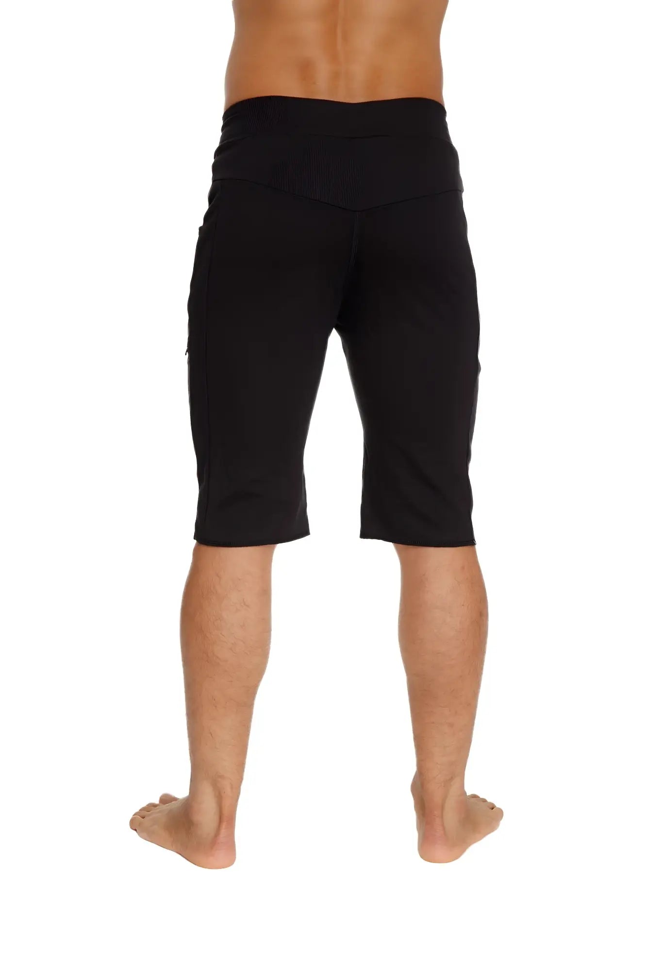 Black eco-track short with relaxed fit mid-thigh length and multiple pockets for casual or active wear