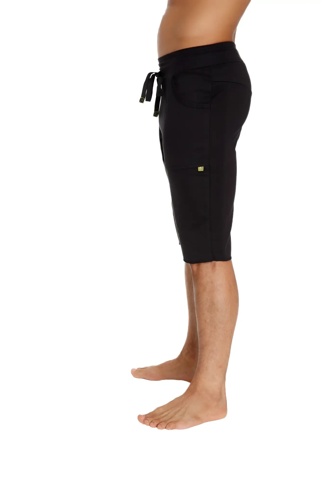 Black eco-track shorts with drawstring waist and small gold logo on the side for casual wear