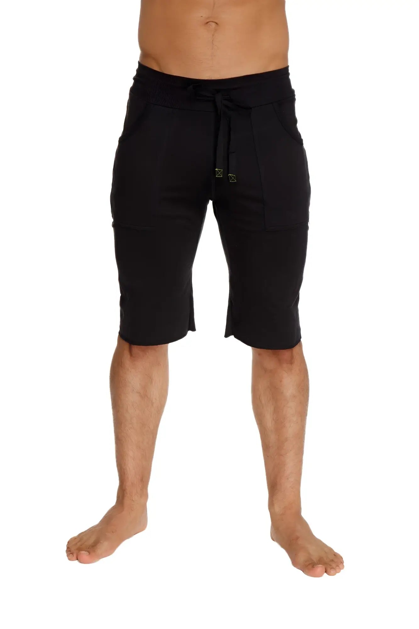 Eco-track short black soft stretchy drawstring shorts with subtle gold logo on front made from eco-friendly fabric