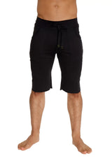Eco-track short black soft stretchy drawstring shorts with subtle gold logo on front made from eco-friendly fabric