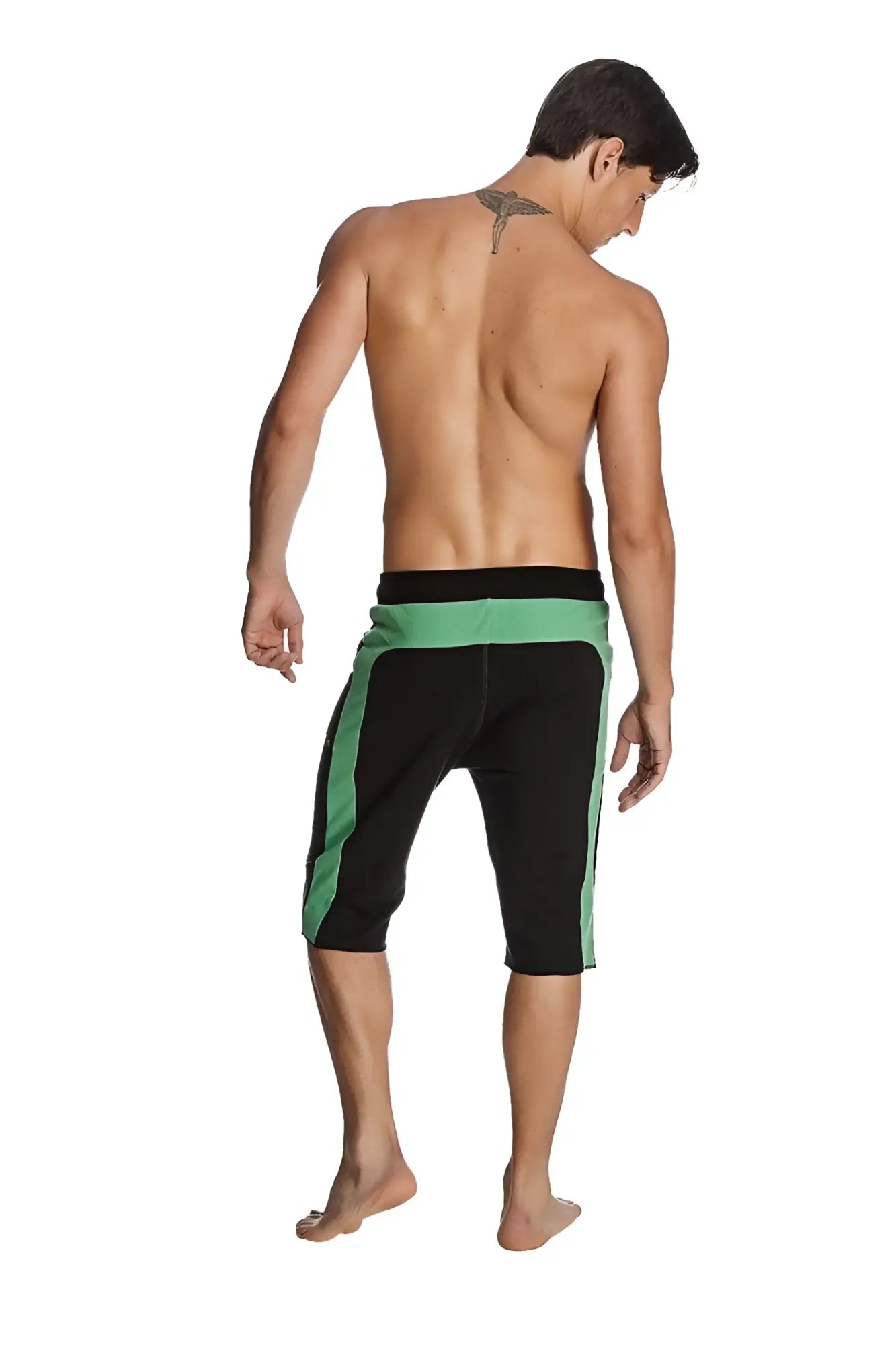 Black and bamboo green eco-track athletic shorts with solid black waistband designed for outdoor running and training
