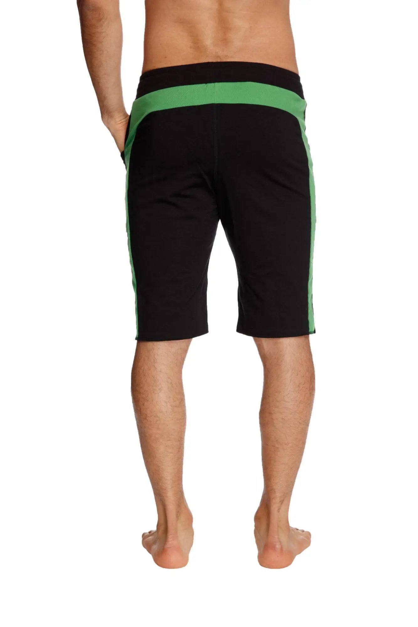 Eco-Track short black with bamboo green vibrant side stripes and matching waistband made from eco-friendly fabric