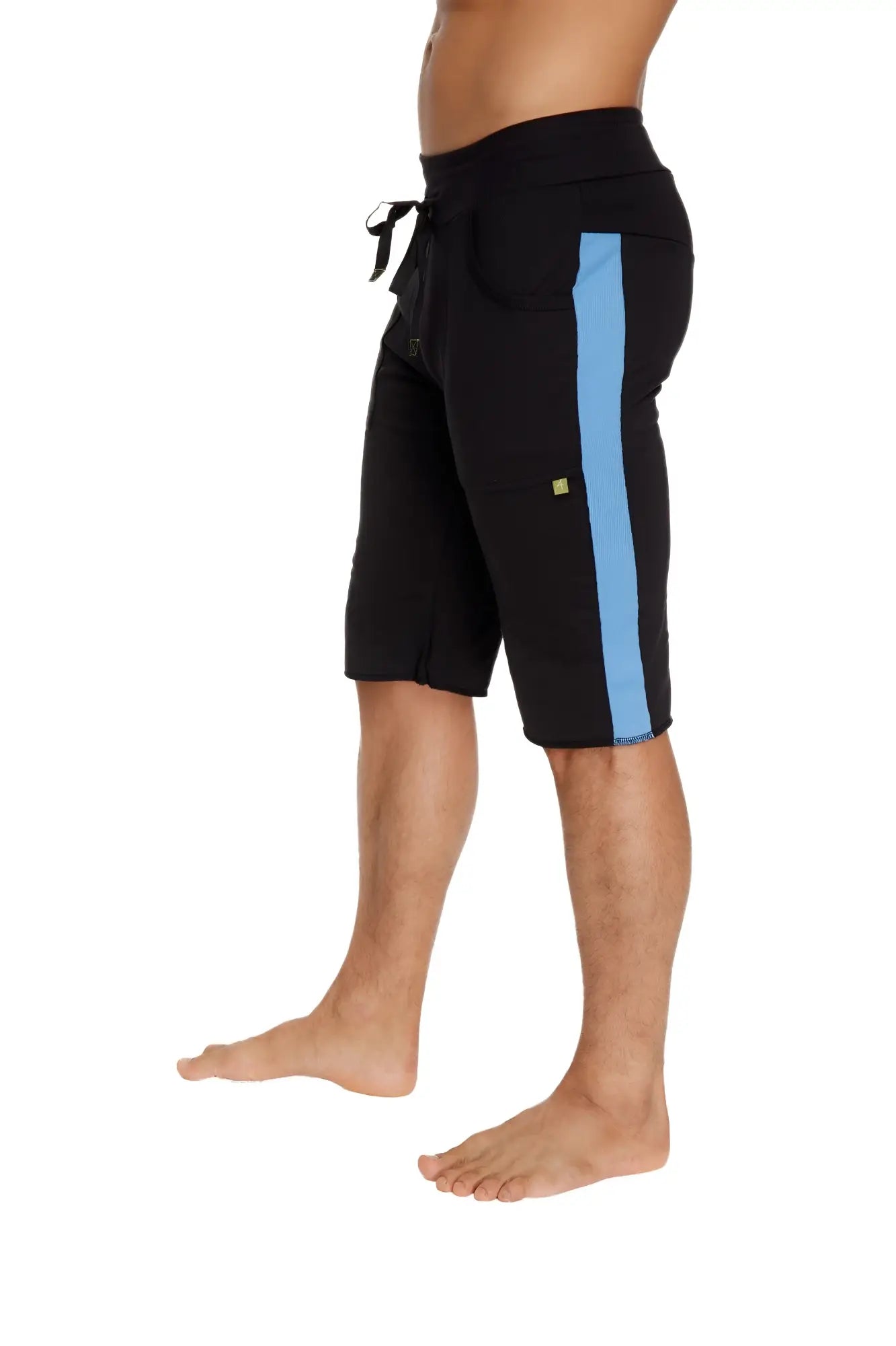 Eco track short in black with ice featuring elastic waistband drawstring and light blue vertical stripe for athletics