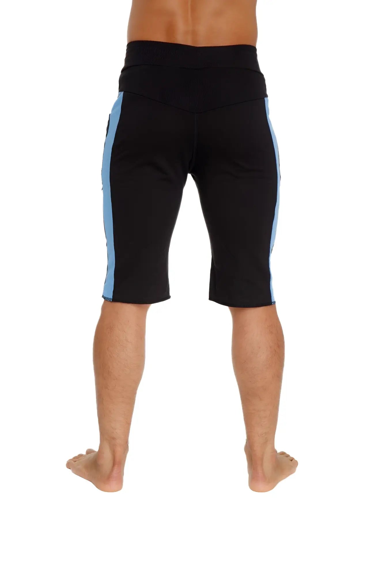 Black eco-track athletic shorts with light blue side stripes designed for eco-friendly performance wear