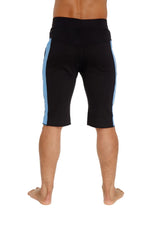 Black eco-track athletic shorts with light blue side stripes designed for eco-friendly performance wear