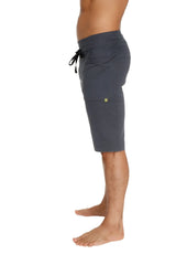 Dark gray eco-track short with soft texture drawstring waist and side pockets for comfortable activewear